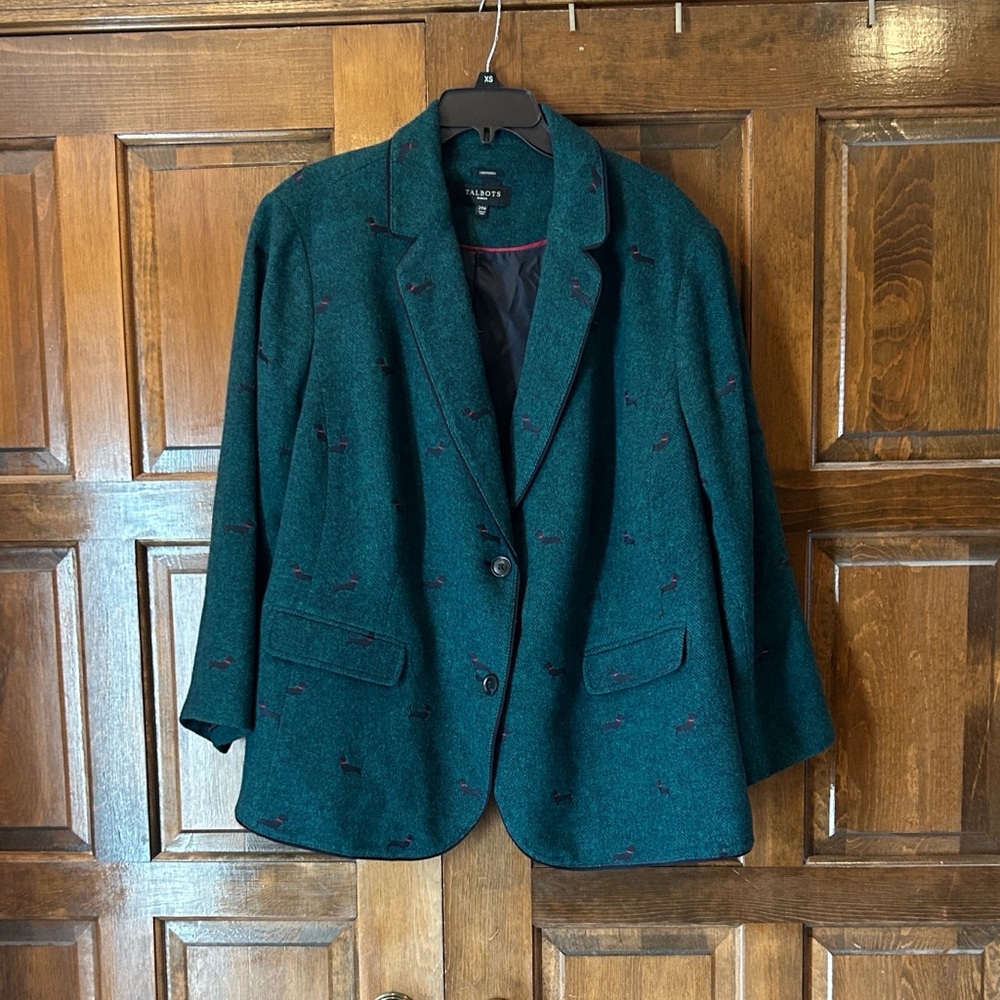 Talbots Aberdeen Dachshund Wool Tweed Green Dog‎ Print Blazer Jacket Preppy 24W - Picture 2 of 9